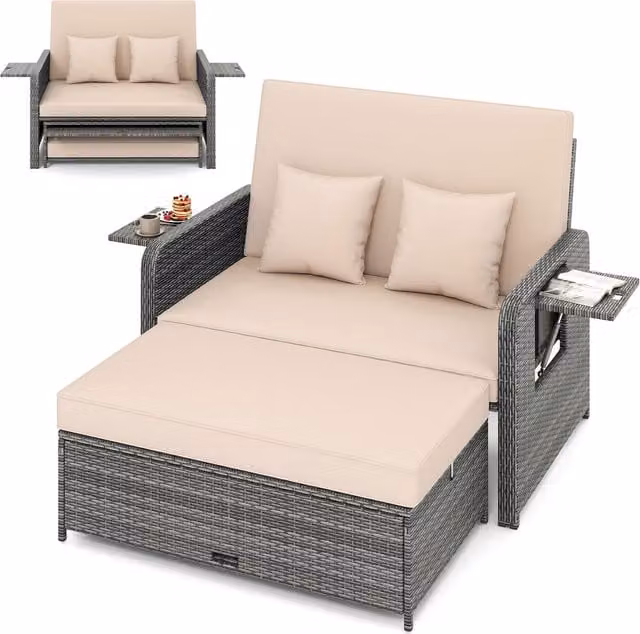 COSTWAY Brown and Beige Polyrattan Outdoor Adjustable Daybed with Side Tray and Adjustable Headrest