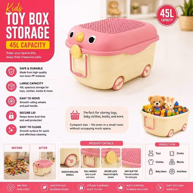 ATEK Toy Storage Organizer Box with Wheels, 45L Pink Kids Bin for Playroom and Bedroom Organisation – 1