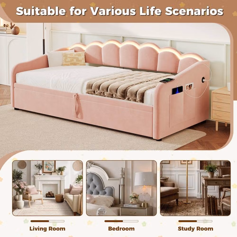 Merax Pink Velvet Single Daybed with Lift-Up Storage, LED Lighting and USB Charging Station, W/D/H: 90 x 190 x 220 cm – 2