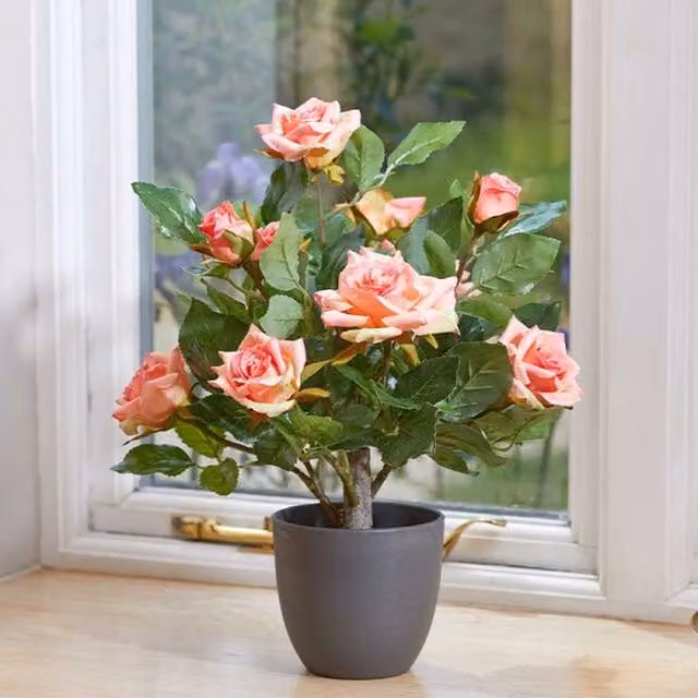 Marco Paul Artificial Pink Rose Bush Potted Tabletop Floral Arrangement in Green and Pink