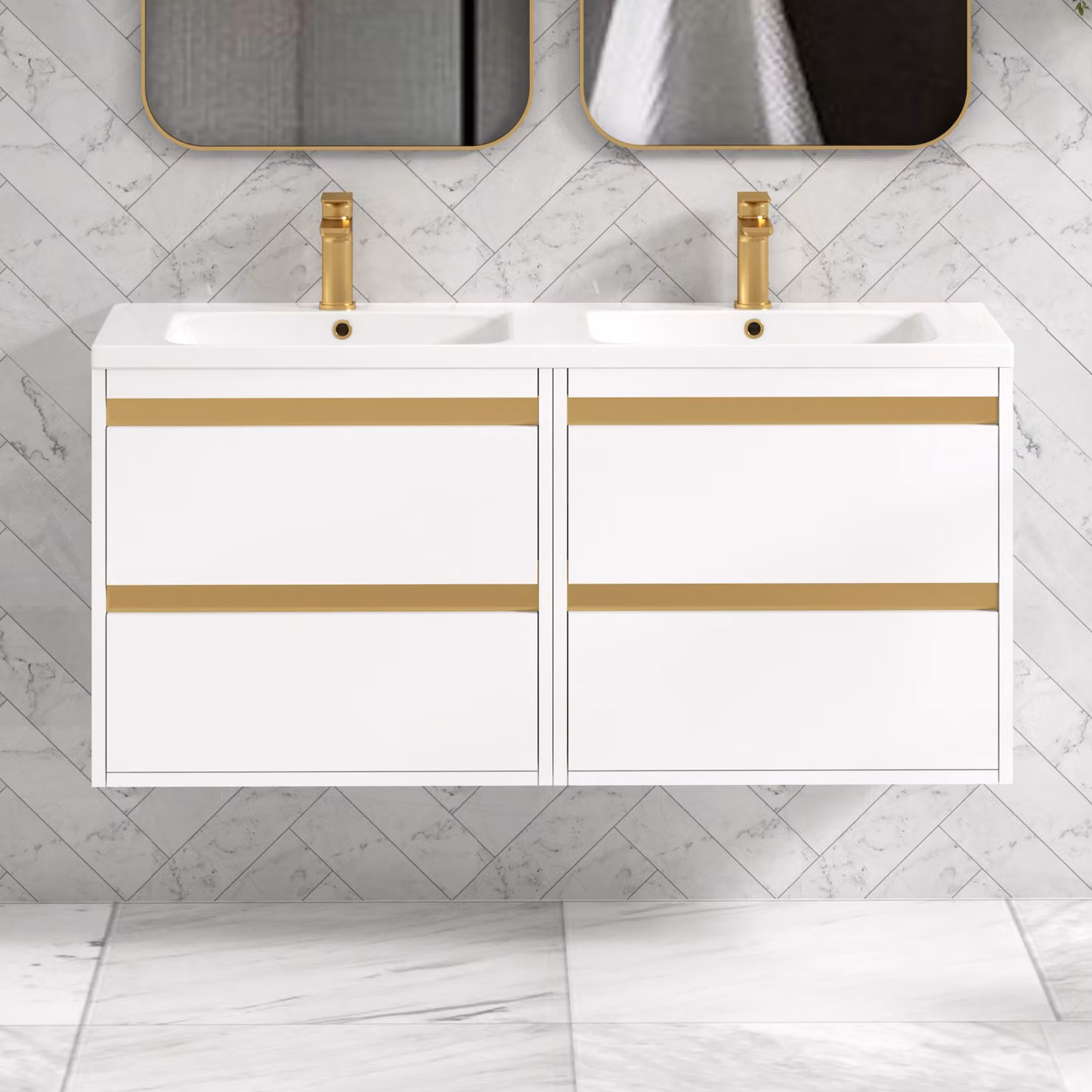 Royal Bathrooms Orion 1200mm Matt White 4 Drawer Wall Hung Vanity Unit with Ceramic Basin and Accent Trim