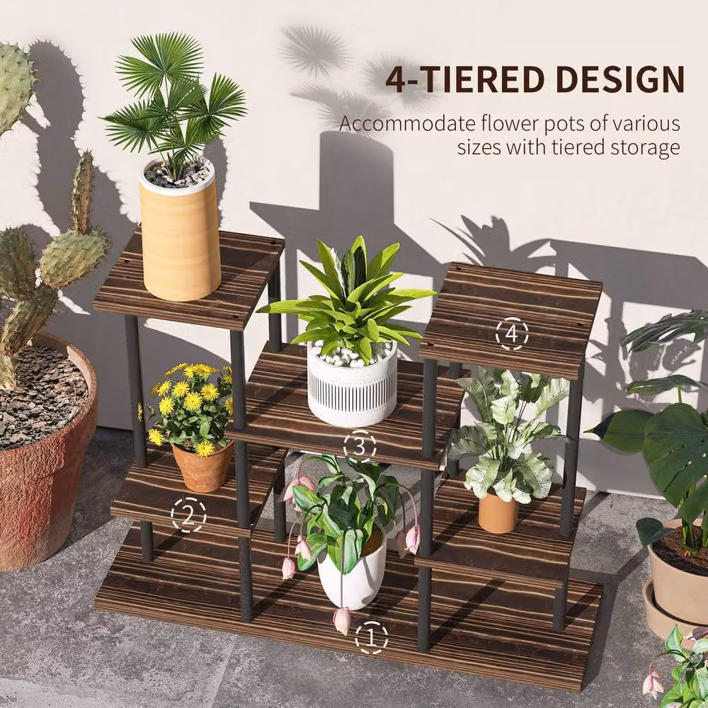 STILVORA Industrial 4-Tier Plant Stand with 6 Shelves in Black Metal and Wood – 6