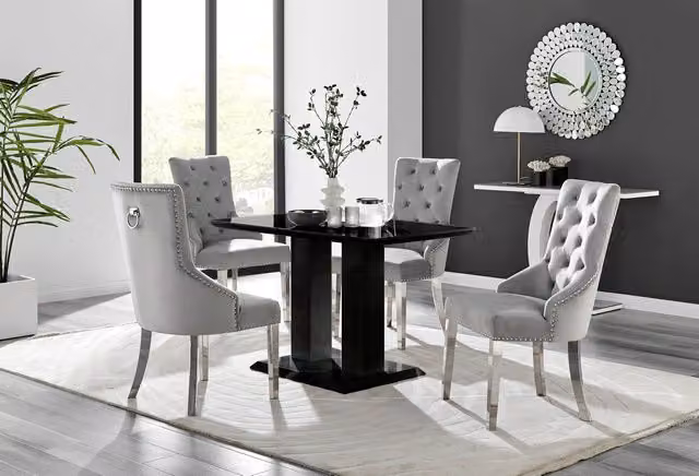 FurnitureboxUK Imperia Black Rectangular Glass Dining Table and 4 Belgravia Grey Upholstered Chairs