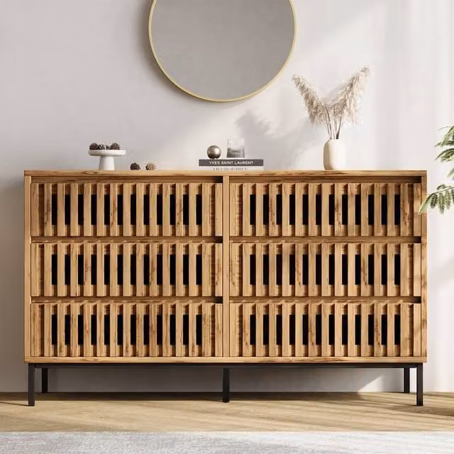 BTM Sideboard Storage Cabinet with Six Drawers in Natural Wood Effect, W/D/H: 120 x 40 x 81 cm