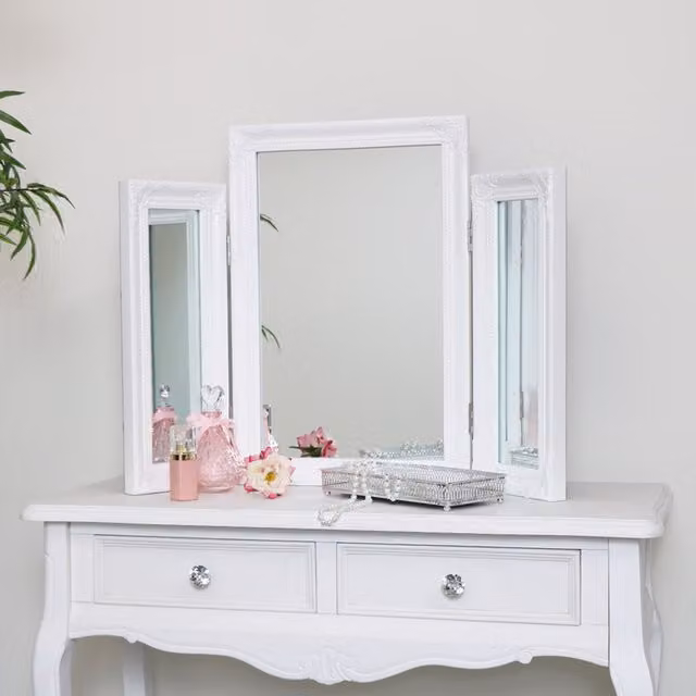 Melody Maison Ornate Vintage Triple Tabletop Dressing Table Mirror in White
