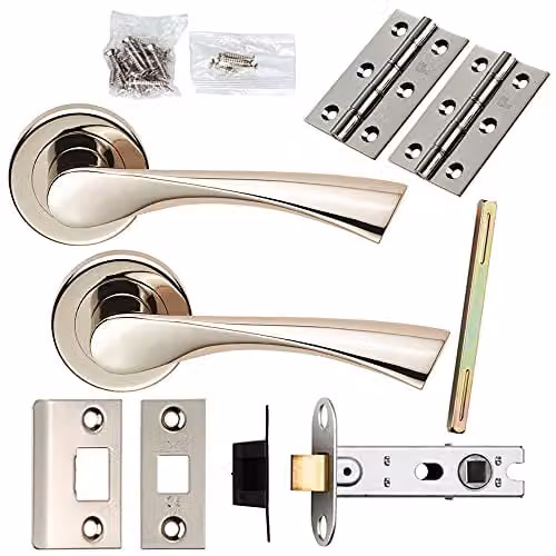Loops Door Handle and Latch Pack in Polished Nickel with Angular Lever and Screwless Round Rose