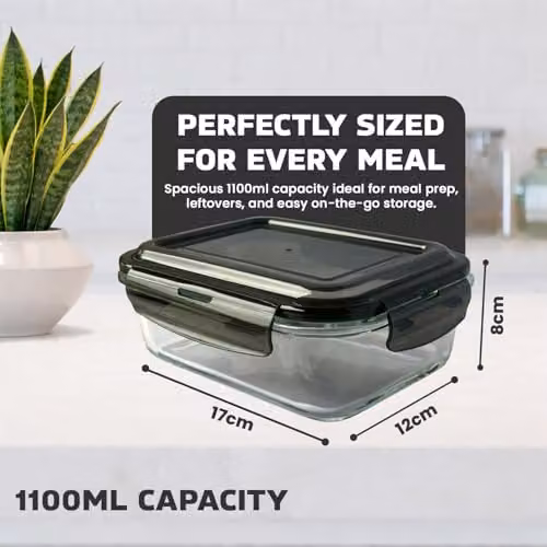 MantraRaj Airtight Glass Food Storage Container with Leakproof Plastic Lid, Transparent, 1100ml – 2