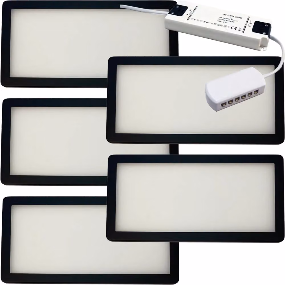 Loops 5x Matt Black Ultra-Slim Rectangle Under Cabinet Kitchen LED Light and Driver Kit with Natural White Diffused Light – 2