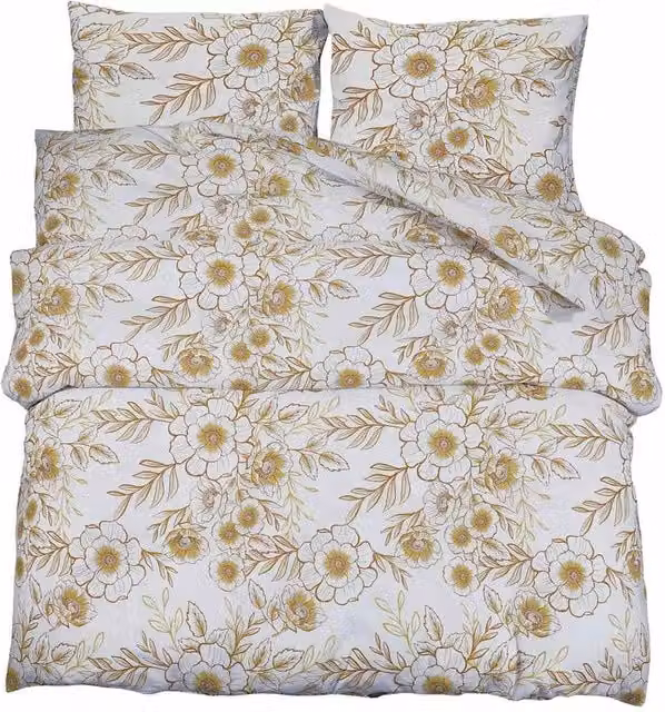 Berkfield Home Floral Cotton Duvet Cover and Pillowcase Set in White and Brown, W/H: 140 x 200 cm