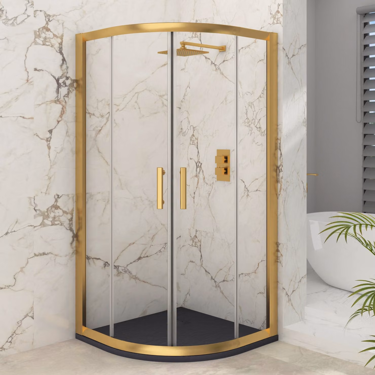 Royal Bathrooms Venice Quadrant Shower Enclosure with Grey Stone Mineral Cast Tray, Brushed Brass and Gold Finish, 6mm Double Sliding Door, W: 185.0 cm