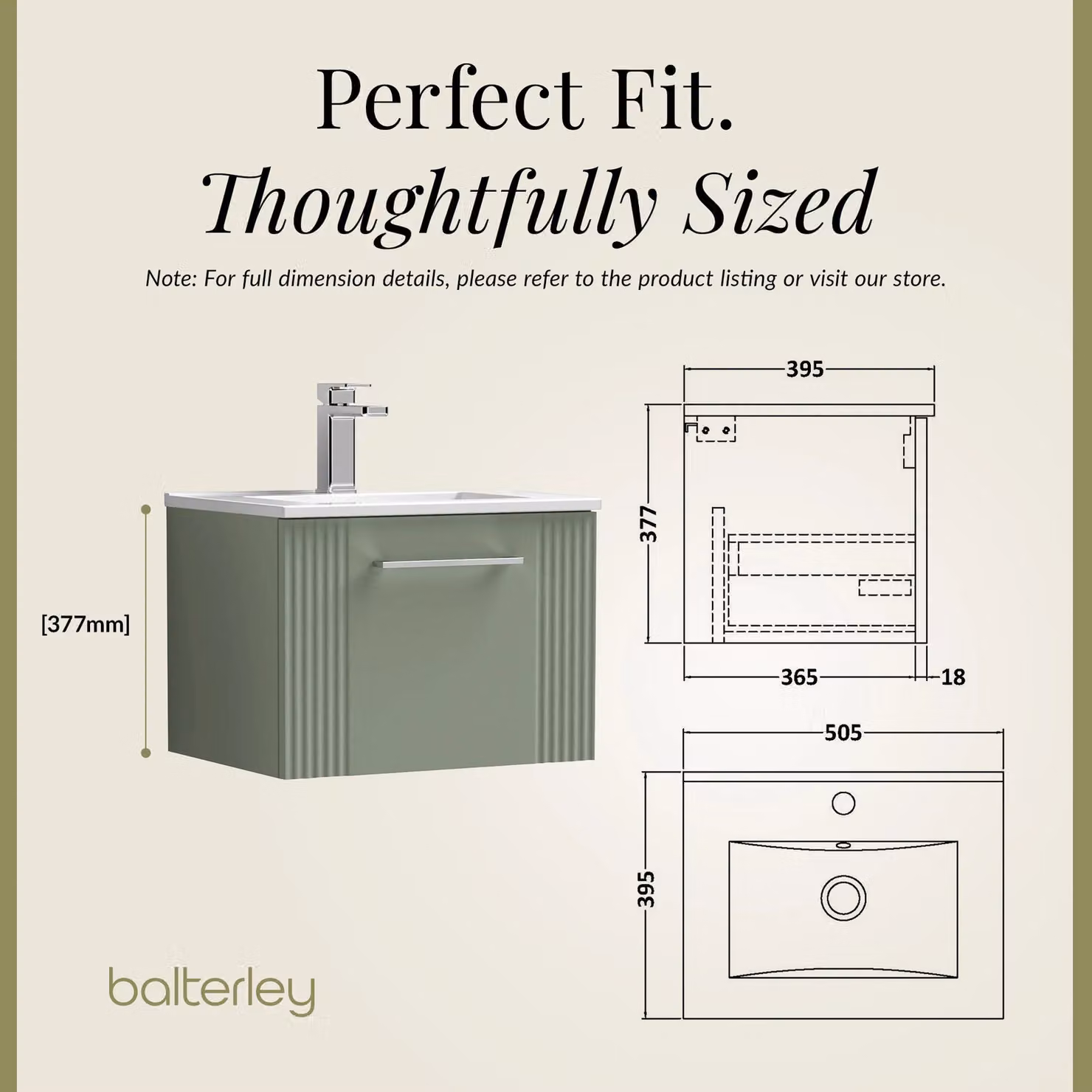 Balterley Wall Hung 1 Drawer Minimalist Vanity Unit with Basin, Satin Green – 3