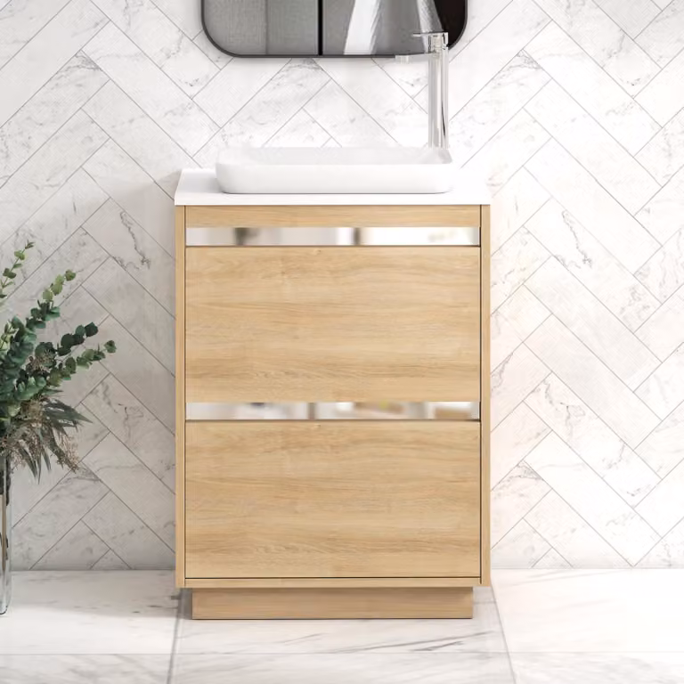 Royal Bathrooms Orion 2 Drawer Floor Standing Vanity Unit in Natural Oak with Plain White Top and Countertop Basin