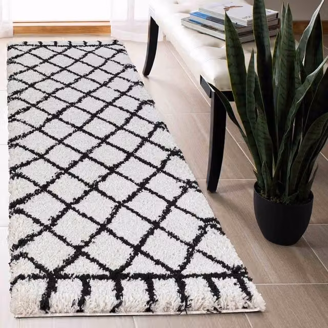 Desire Rugs Moroccan Berber Shaggy Runner with Diamond Design in Beige, Yellow and White, W/D/H: 60 x 220 cm