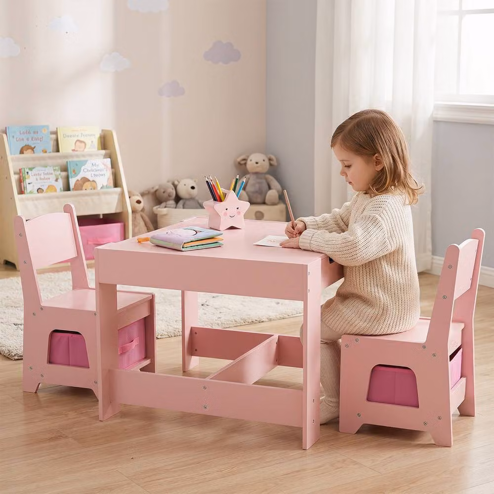 Gymax Childrens Activity Table and 2 Chairs Set with Reversible Dual-Sided Pink Tabletop – 2