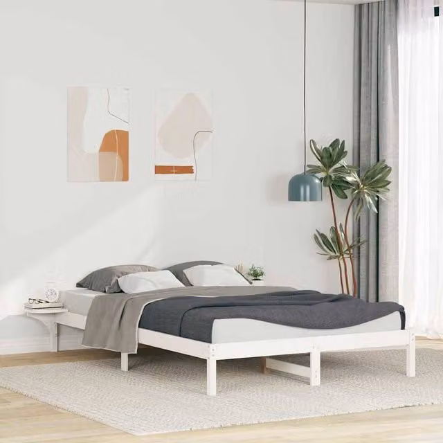 Berkfield Home Modern White Solid Pine Wood Bed Frame with Side Tables, W: 160 cm, L: 210 cm