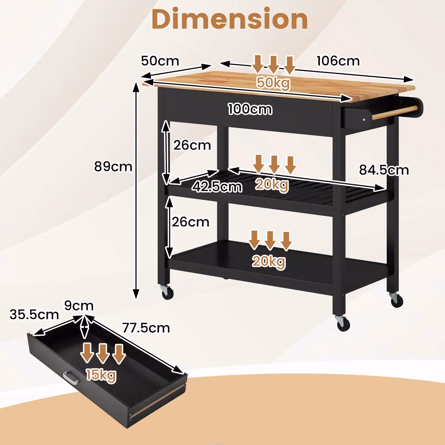 Costway 3-Tier Rolling Kitchen Island Utility Cart with Wood Countertop in Black – 2