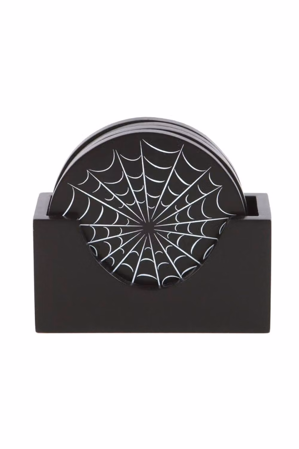 KDMD Black Spiderweb Coaster Set with Holder, Round Geometric Gothic Halloween Decor – 2