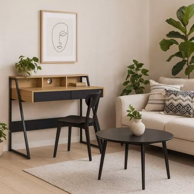 Wyld Haus Cyan Single Pedestal Writing Desk in Natural Oak Effect and Black – 1