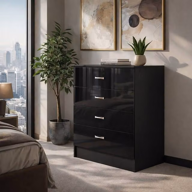 Harmin High Gloss 4 Drawer Chest in Black, H 68.5 x W 60 x D 40 cm