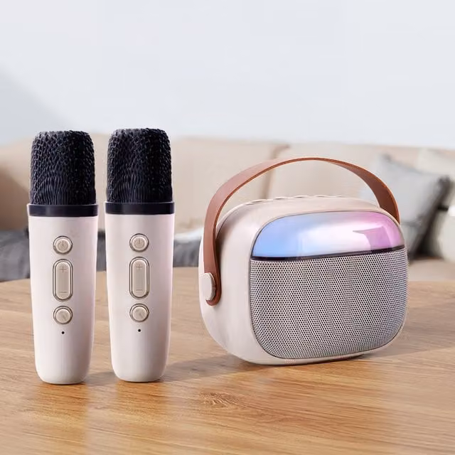Livingandhome Wireless Karaoke Machine with Microphones in Beige and White