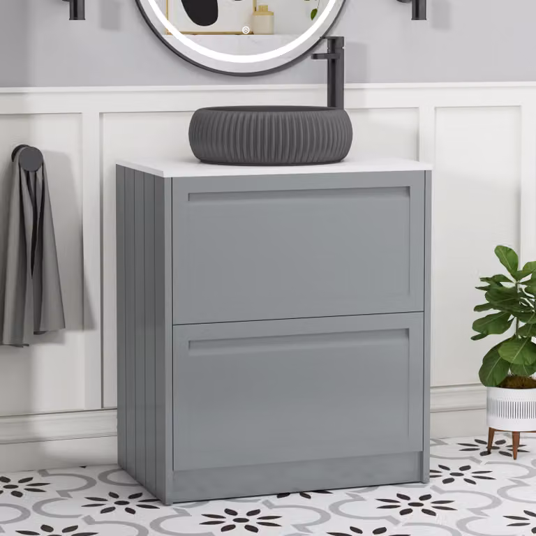 Royal Bathrooms Elmore Floor Standing 2 Drawer Vanity Unit with Plain White Worktop and Milan Black Basin, Matt Pebble Grey, Width: 70 cm