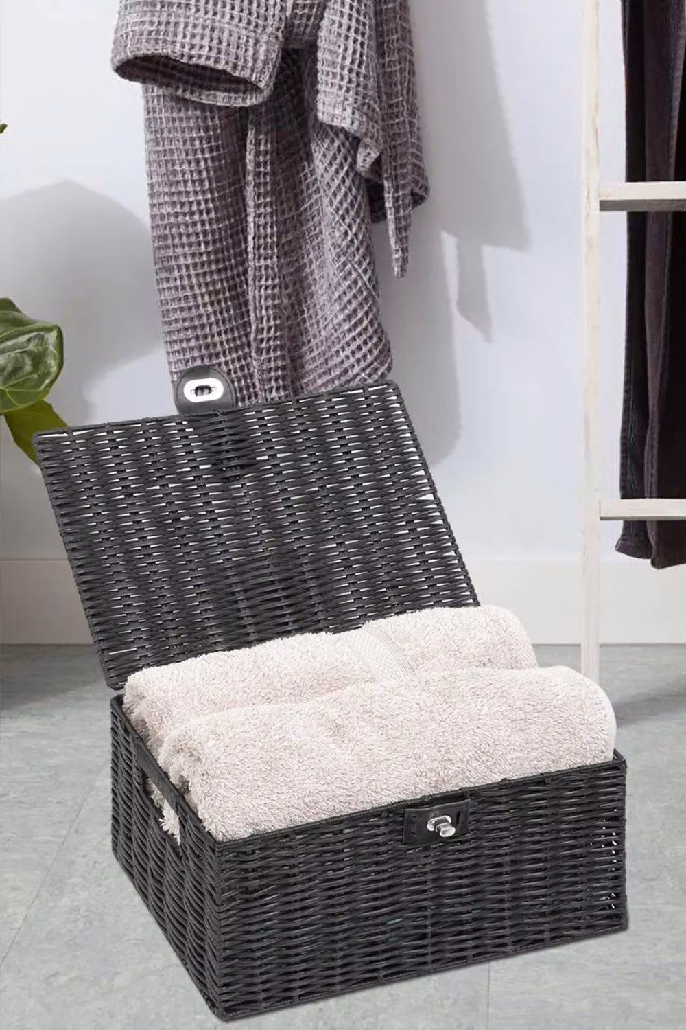 Arpan Large Resin Woven Storage Basket Box with Lid and Lock in Black – 10