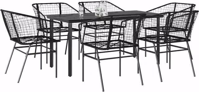 Berkfield Home 7 Piece Black Poly Rattan Garden Dining Set with Glass Tabletop