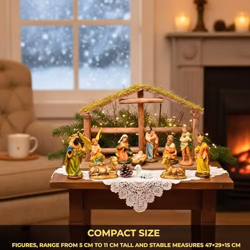 Shatchi Large Handmade Nativity Scene with Wooden Stable and 12-Piece Figurine Set in Brown and Multicolour – 6