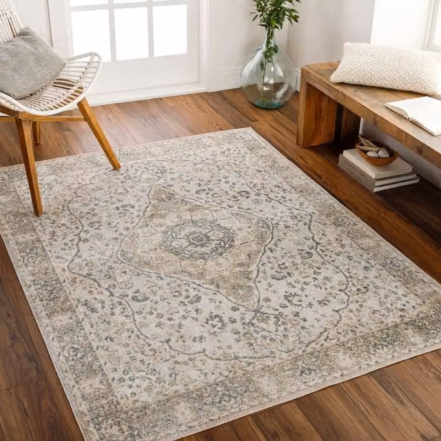 Livabliss Lilian Washable Round Vintage Boho Living and Dining Rug in Grey Green and Camel, Diameter: 200 cm