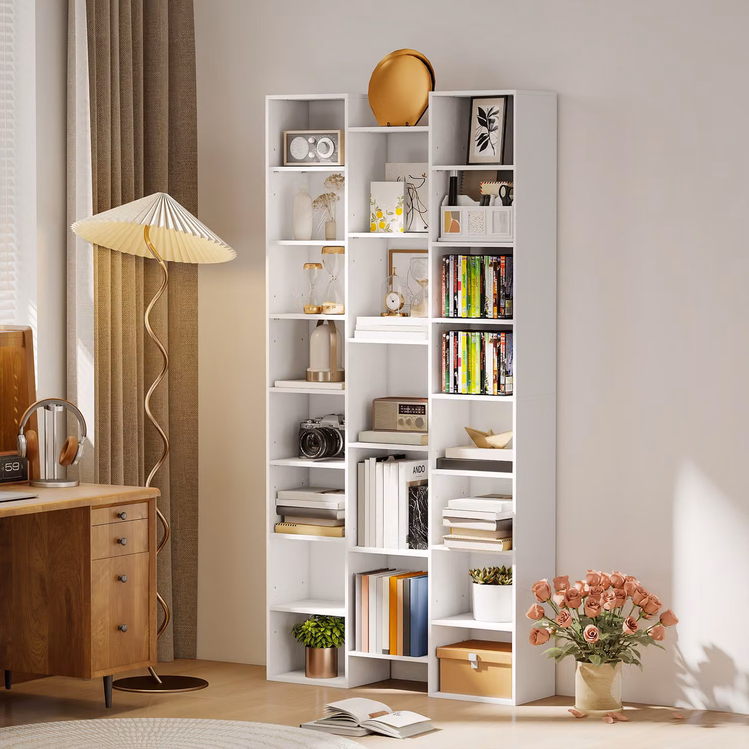 HOMCOM 21-Compartment White Wood Cube Bookshelf with Adjustable Shelves and Back Panel – 2