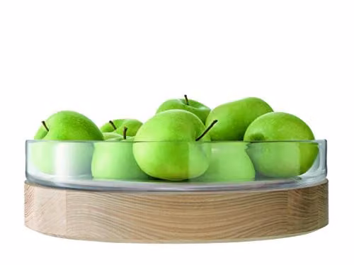 LSA International Lotta Round Glass Bowl with Ash Wood Base, Transparent, Diameter: 31 cm
