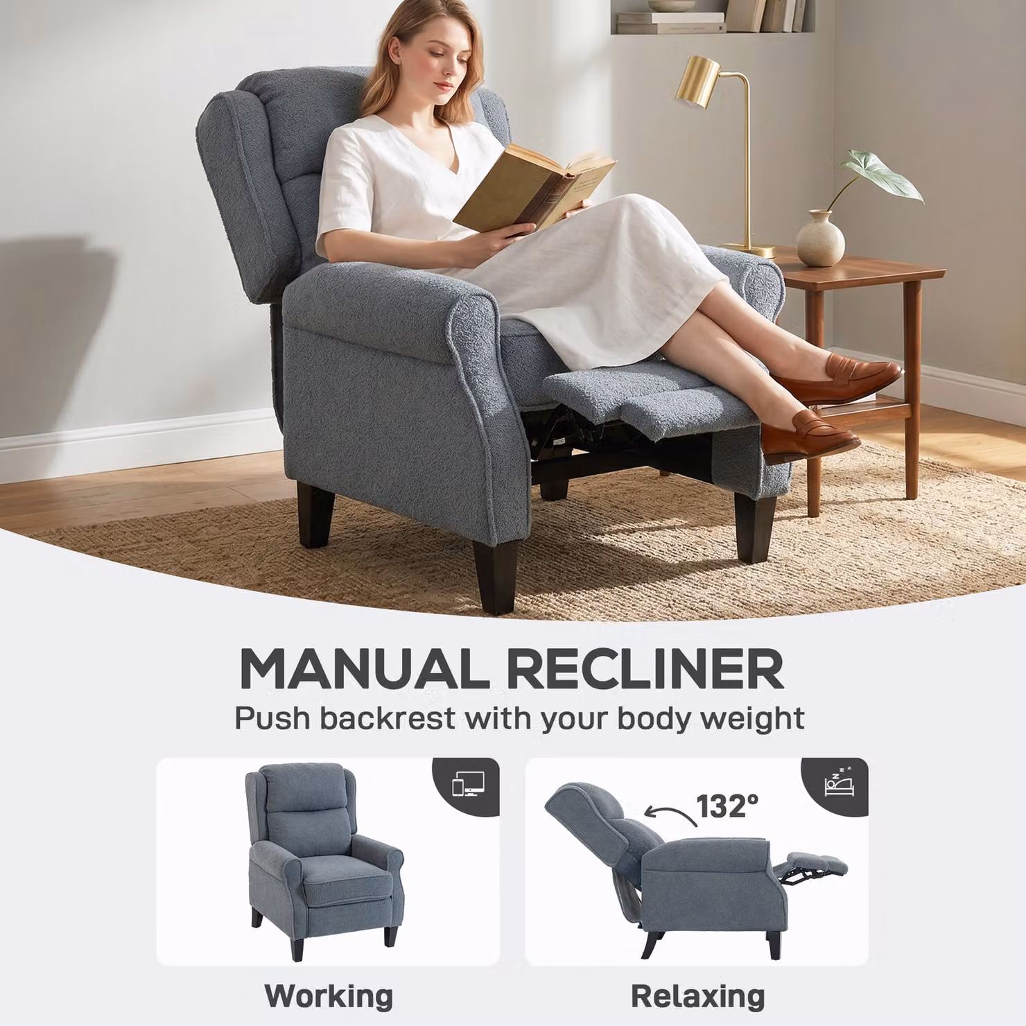 HOMCOM Grey Fabric Recliner Armchair with Extended Leg Rest and Metal Frame – 4