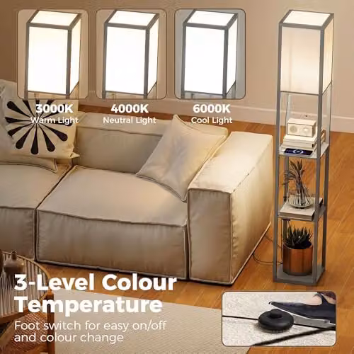 HOMCOM Modern 3-Tier Floor Lamp with Storage Shelves and LED Light in Grey – 4