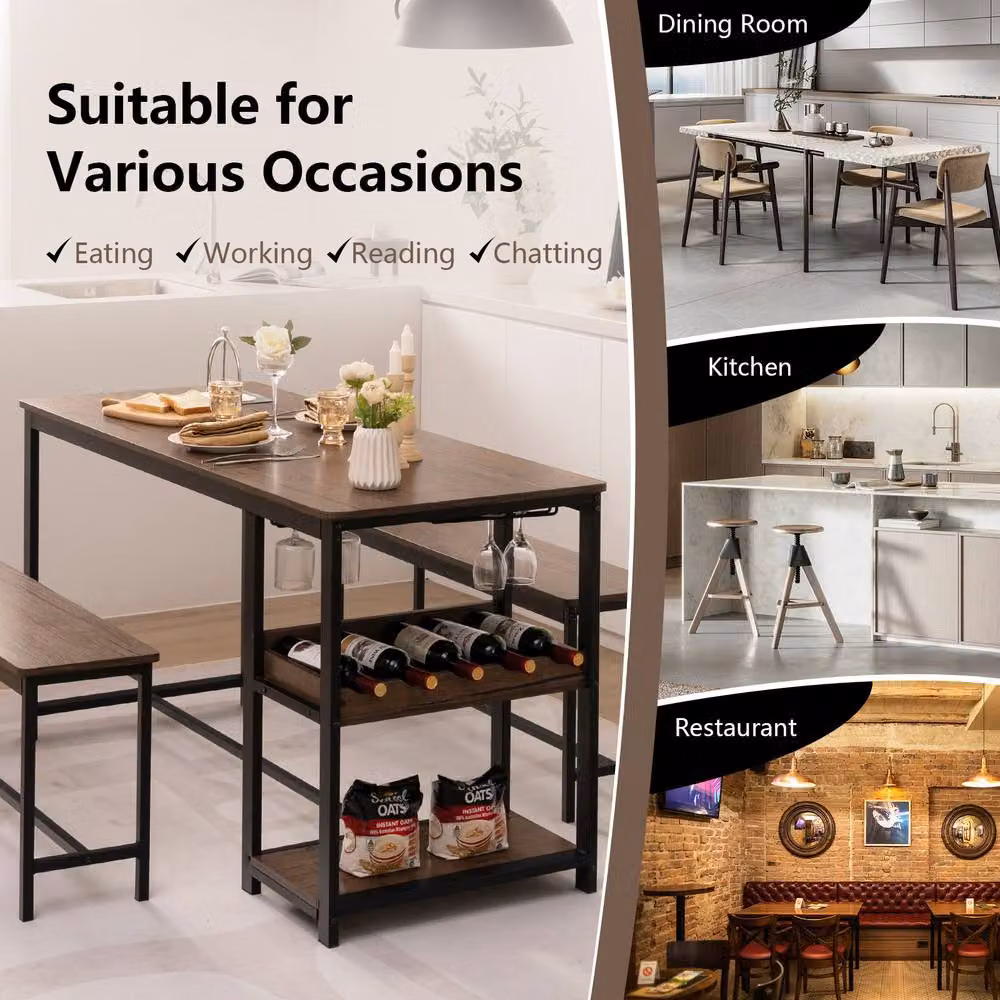 Gymax Brown Dining Table and 2 Benches Set with Wine Rack and Storage Shelf – 3