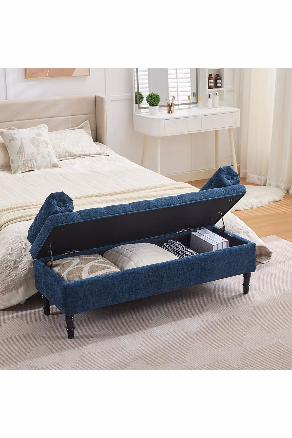 Living and Home Blue Chenille Upholstered Chesterfield Storage Bench – 2