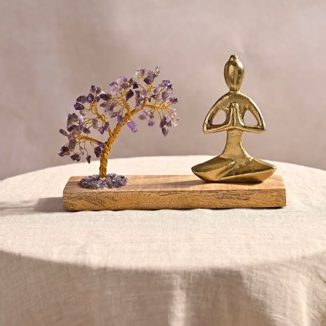 Serenity Amethyst Gemstone Tree Yoga Ornament in Purple, Gold and Multicolour