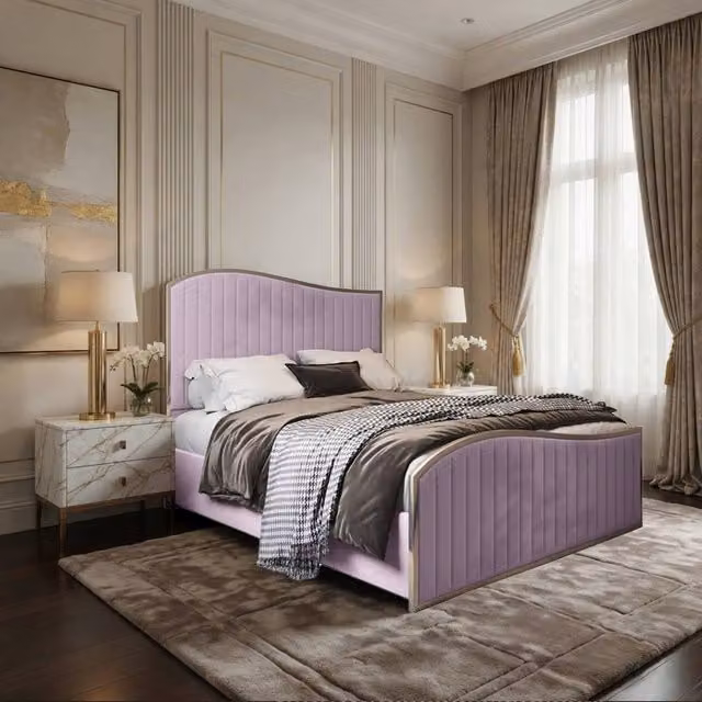 KDMD Idbury Super King Upholstered Soft Velvet Designer Bed Frame in Pink with Metal Details, W/D/H: 200 x 137 x 200 cm