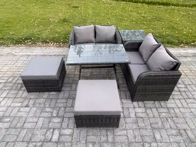 Fimous 6 Seater Rattan Garden Furniture Set in Dark Grey with 2 Footstools and Side Table