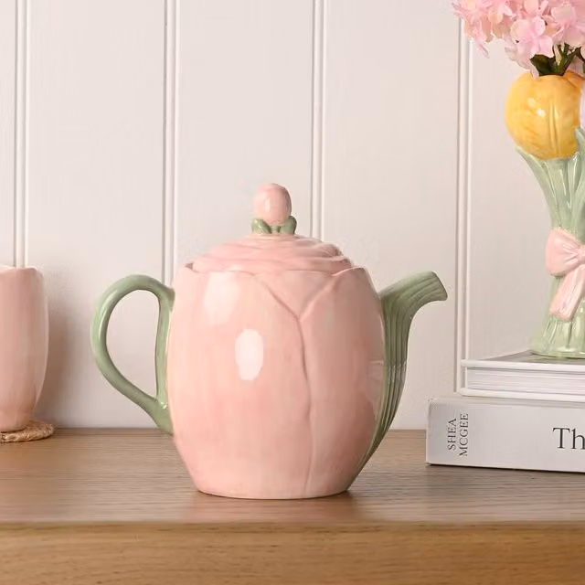 Hestia Pink and Green Floral Ceramic Tulip Teapot – 1