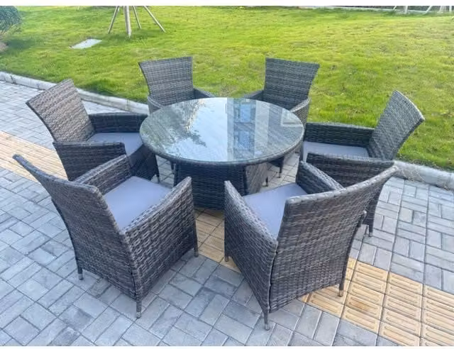 Fimous 6 Seater Rattan Garden Furniture Set with Round Glass Top Table and Chairs in Dark Grey