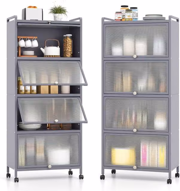 Costway Modern Rolling Kitchen Storage Cabinet with Roll Shutter Doors in Grey
