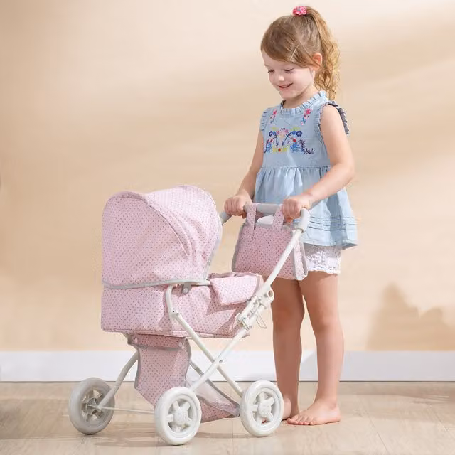 Olivia's Little World Convertible Foldable Buggy-Style Doll Pram in Pink and Grey