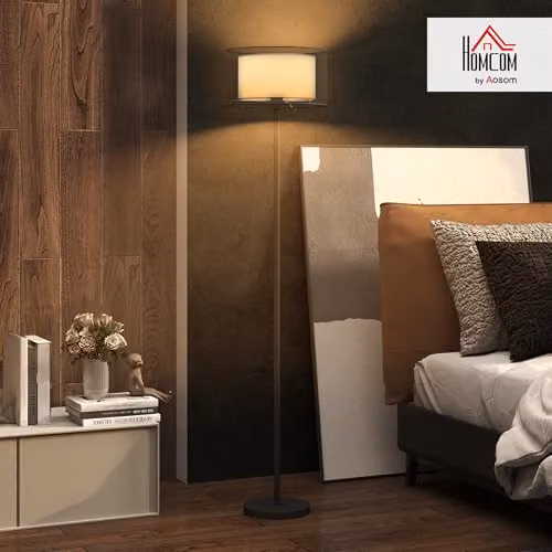 HOMCOM Modern Black Floor Lamp with Double Layer Fabric Shade and Foot Switch, H 152.5 x W 33 x D 33 cm – 2
