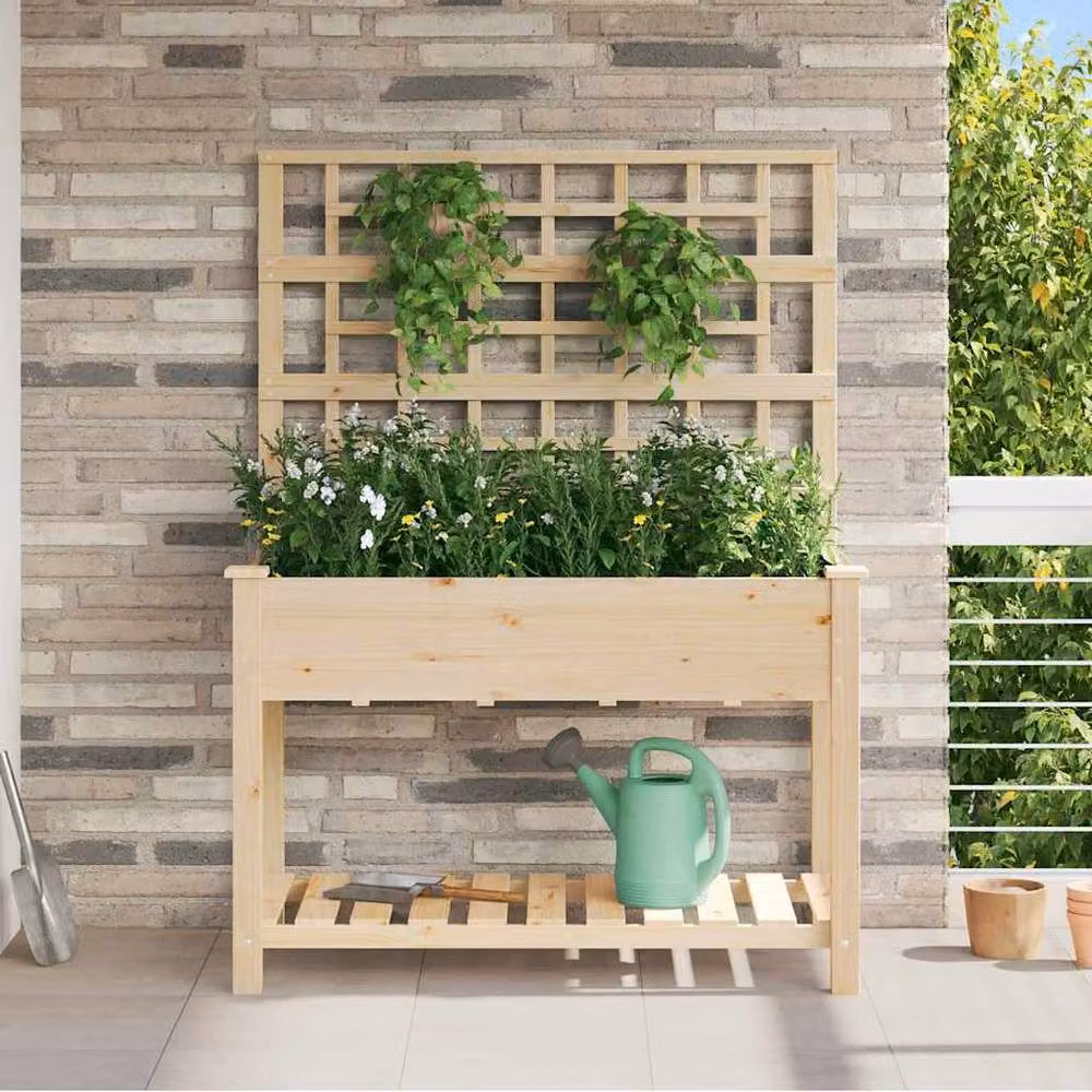 Berkfield Home Garden Planter with Trellis and Shelf in Beige Solid Wood, W/D/H: 115 x 59 x 152 cm – 2