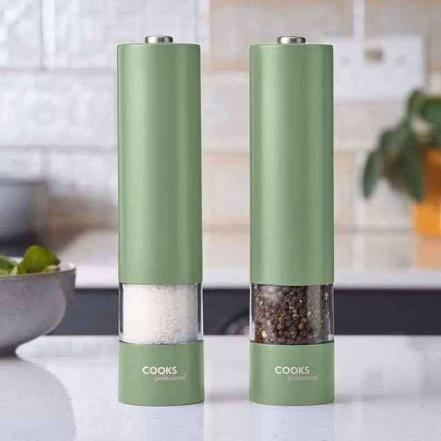 Cooks Professional Electric Salt and Pepper Mill Set, Stainless Steel Automatic Grinders, Green – 1