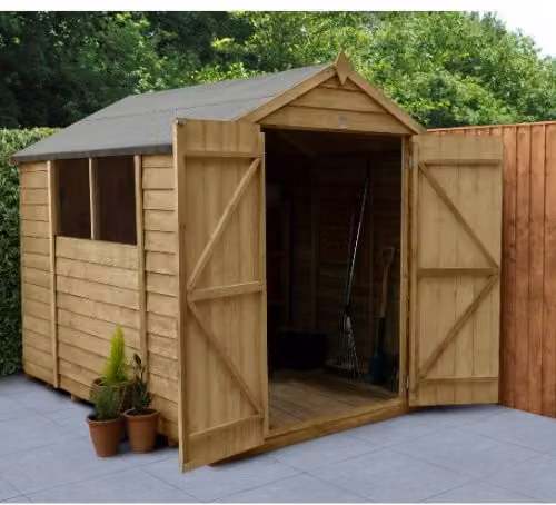 Forest Garden Apex Overlap Wooden Garden Shed with Double Doors and Window in Green and Brown, W: 243.84 cm, D: 182.88 cm, H: 243.84 cm