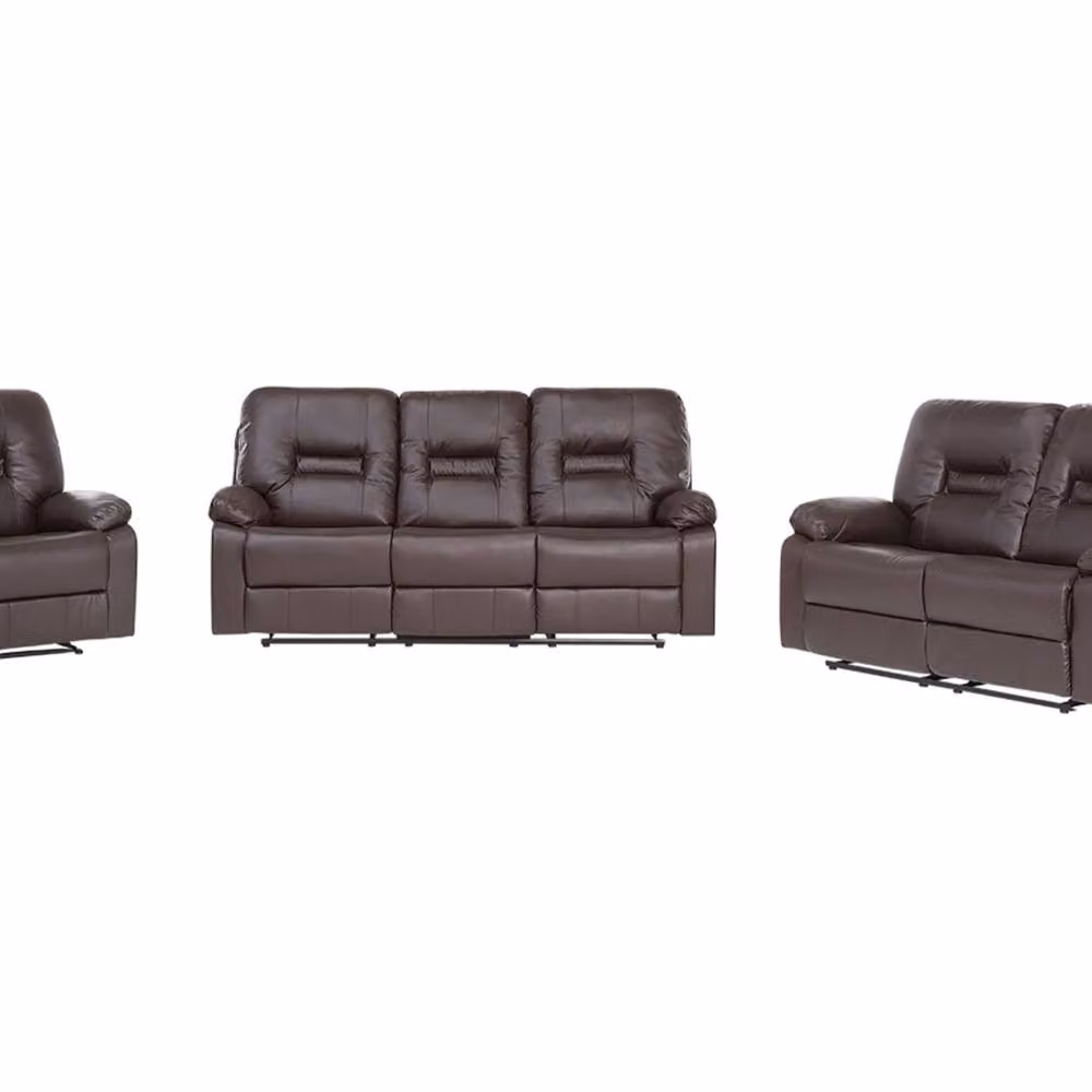 Wyld and Coco Modern Brown Faux Leather 3 Seater, 2 Seater and Armchair Set with Metal Frame – 2