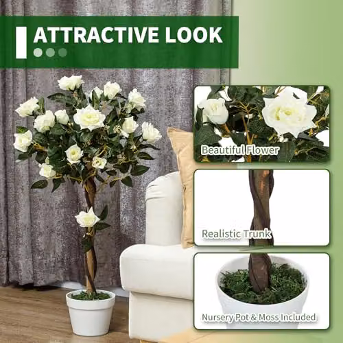 Outsunny Set of 2 White Artificial Rose Trees, 90 cm Height – 4