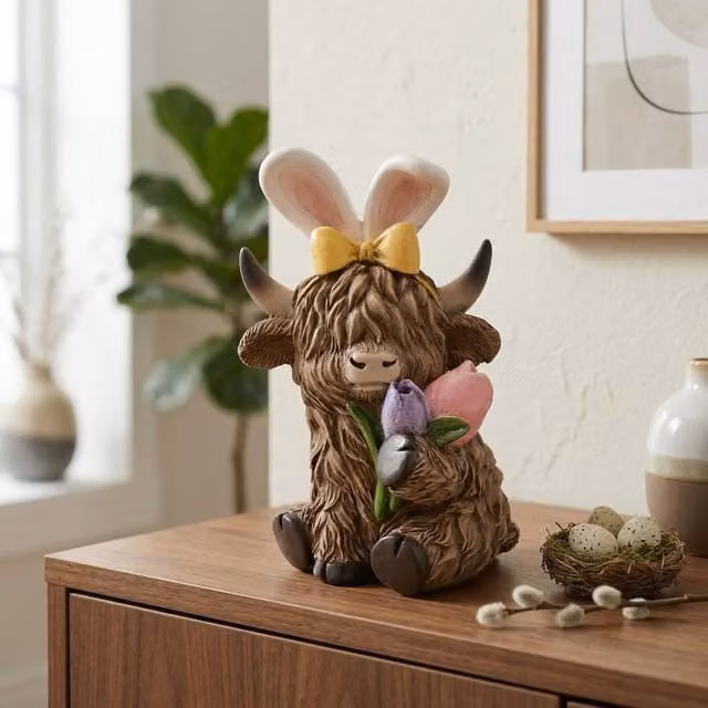 Garden Greatness Highland Cow and Easter Bunny Ceramic Tabletop Ornament in Multicolour and Brown