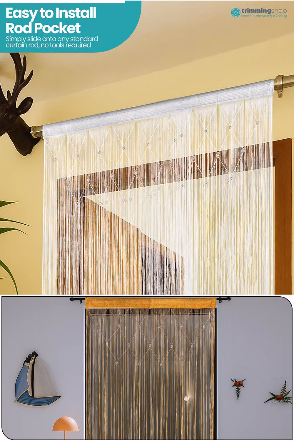 Neel Blue String Beaded Panel Curtain in Blue, Gold and White, Width: 100 cm, Height: 200 cm – 2